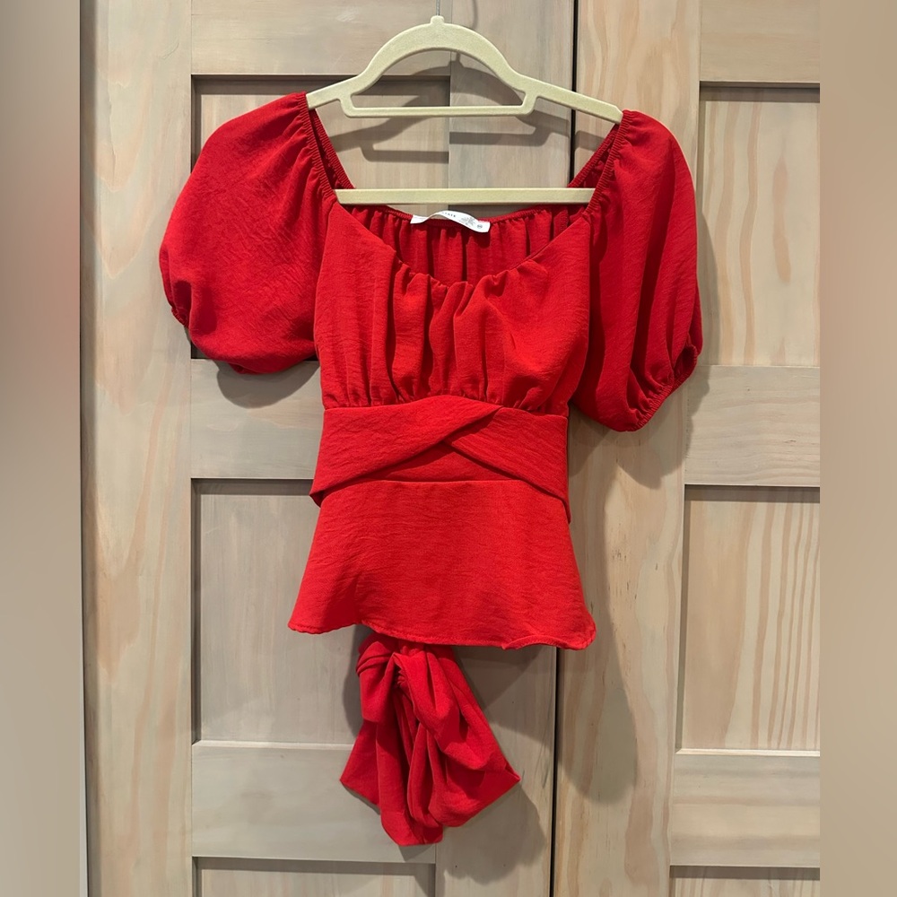 Altar'd State Red Puff-Sleeve Peplum Tie-Back Top